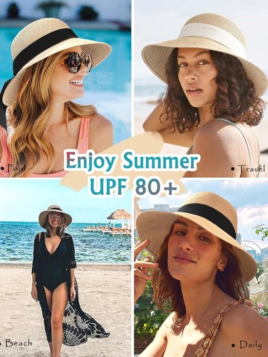 Stylish Women\'s Beach Sun Hat - Foldable Straw, UV Protection 80+, Summer main image 4